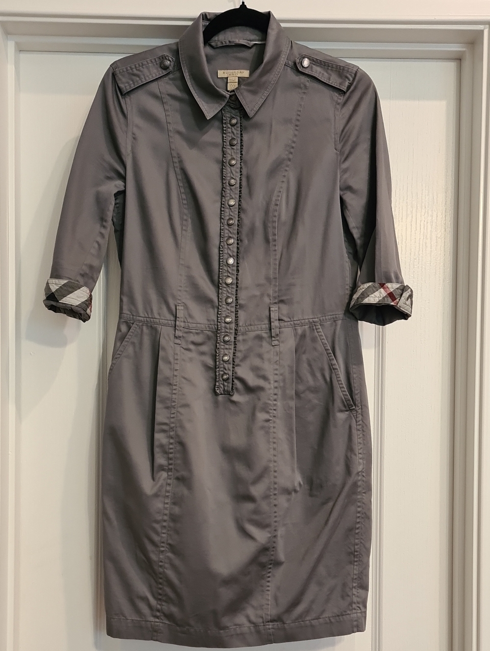 Burberry Brit - Gray Button-Front Shirt Dress with Plaid Cuff Detail